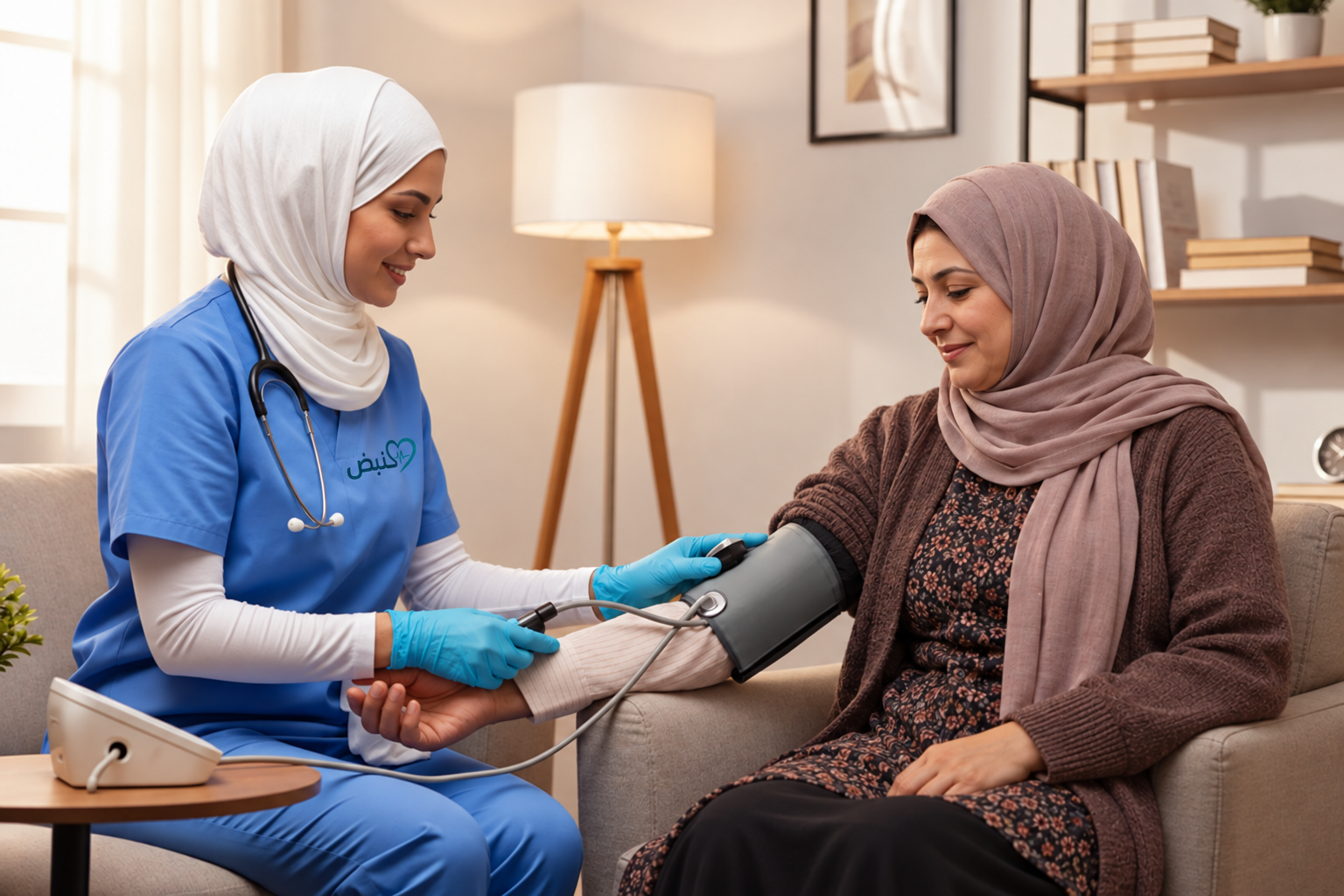 ممرضة تقيس ضغط مريضة في بيئة مريحة